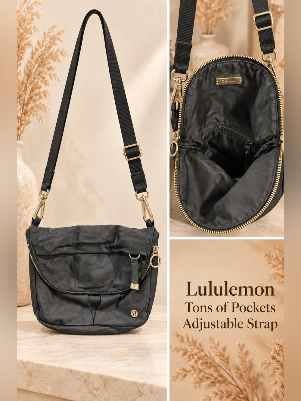 lululemon athletica Black Nylon Crossbody with Gold Hardware